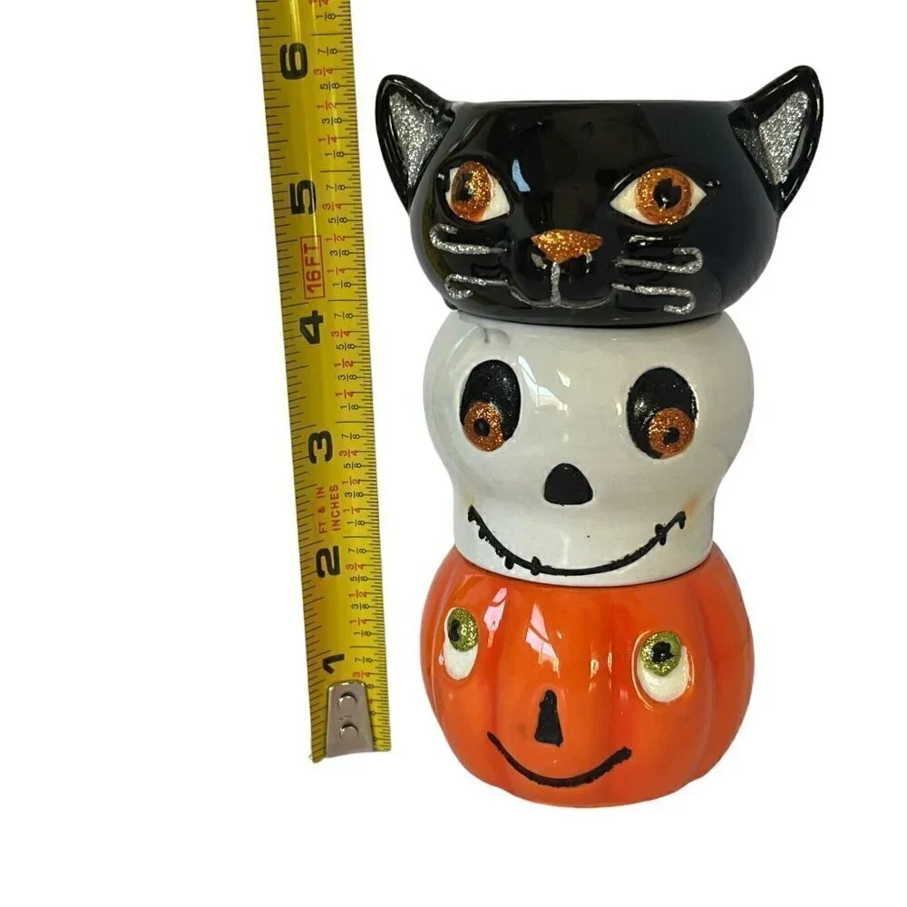 Hallmark Spooky Tea Light Candle Holder Set Cat Pumpkin Skull Figural Halloween